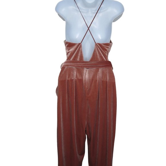 Vintage EXPRESS Velour Jumpsuit XS Pink Deep V Strappy Belted Pockets Back Zip - Picture 7 of 10